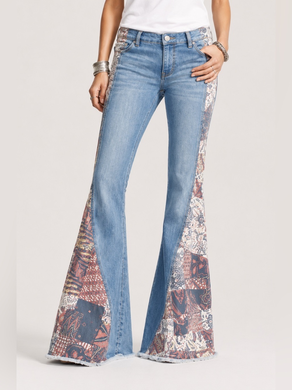 RARE Free People Bali Patchwork Flared Bell Botton Low Rise  Jeans ~ Size 31 🔥 - Picture 2 of 11